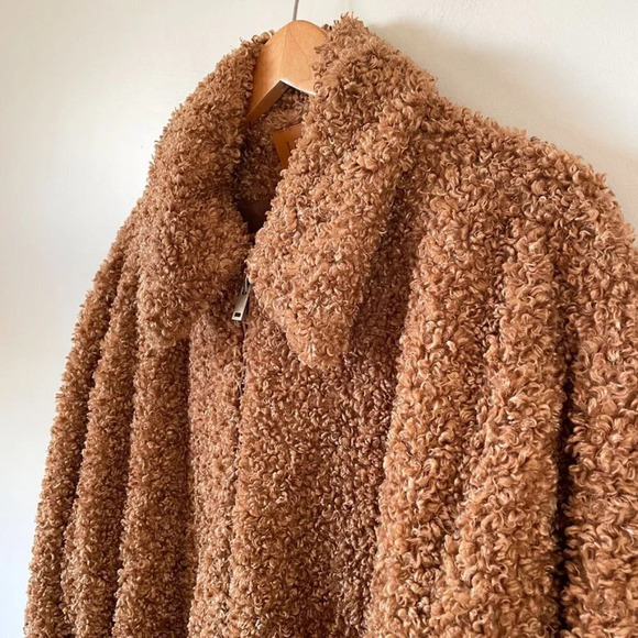 UGG Kaley Jackeline Camel Teddy Bear Oversized Jacket Zip Up Fur Coat Size Small - Picture 6 of 10